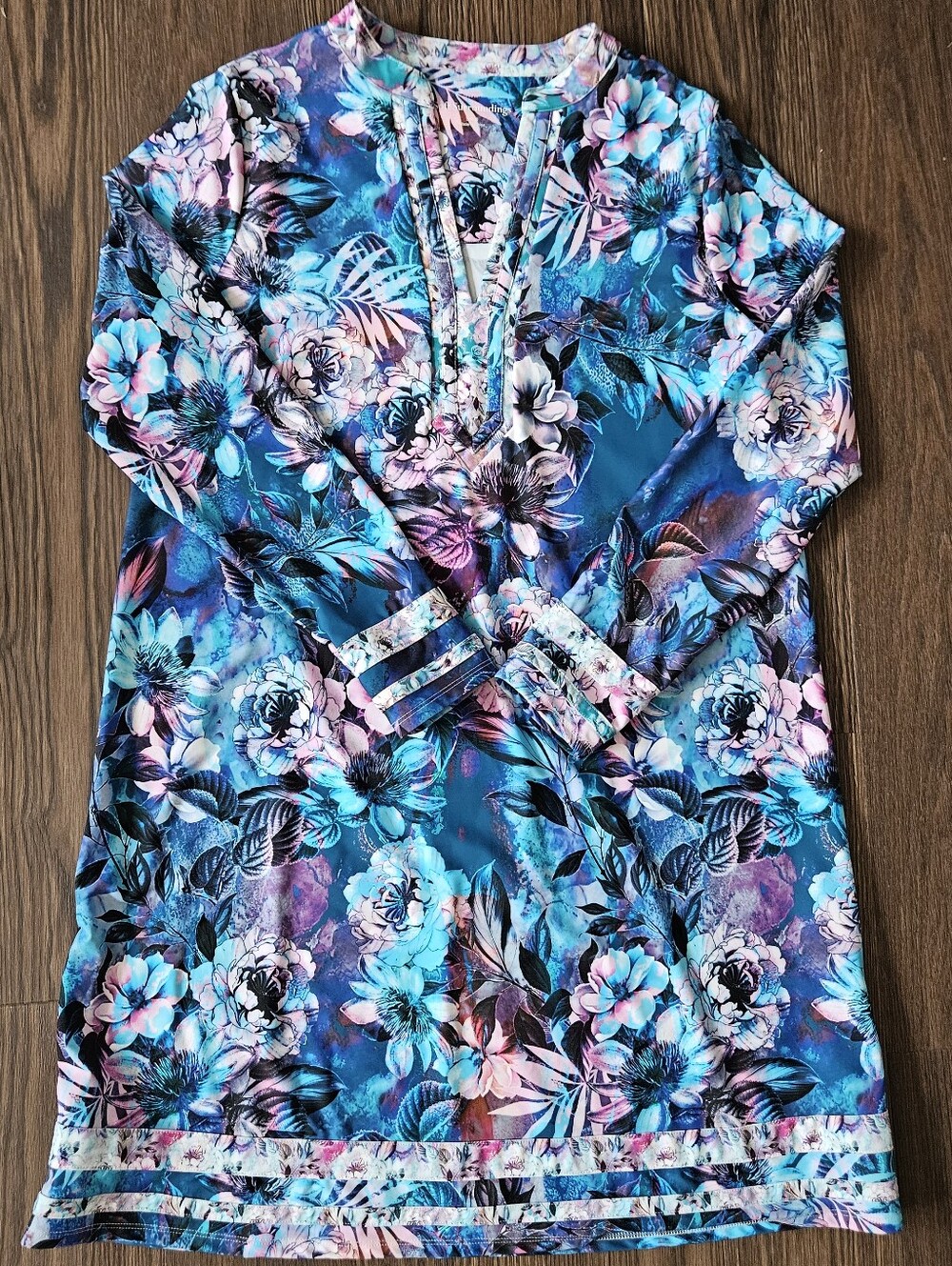 Soft Surroundings UPF Spring Break Colorful Floral Botanical Print Dress Blue S